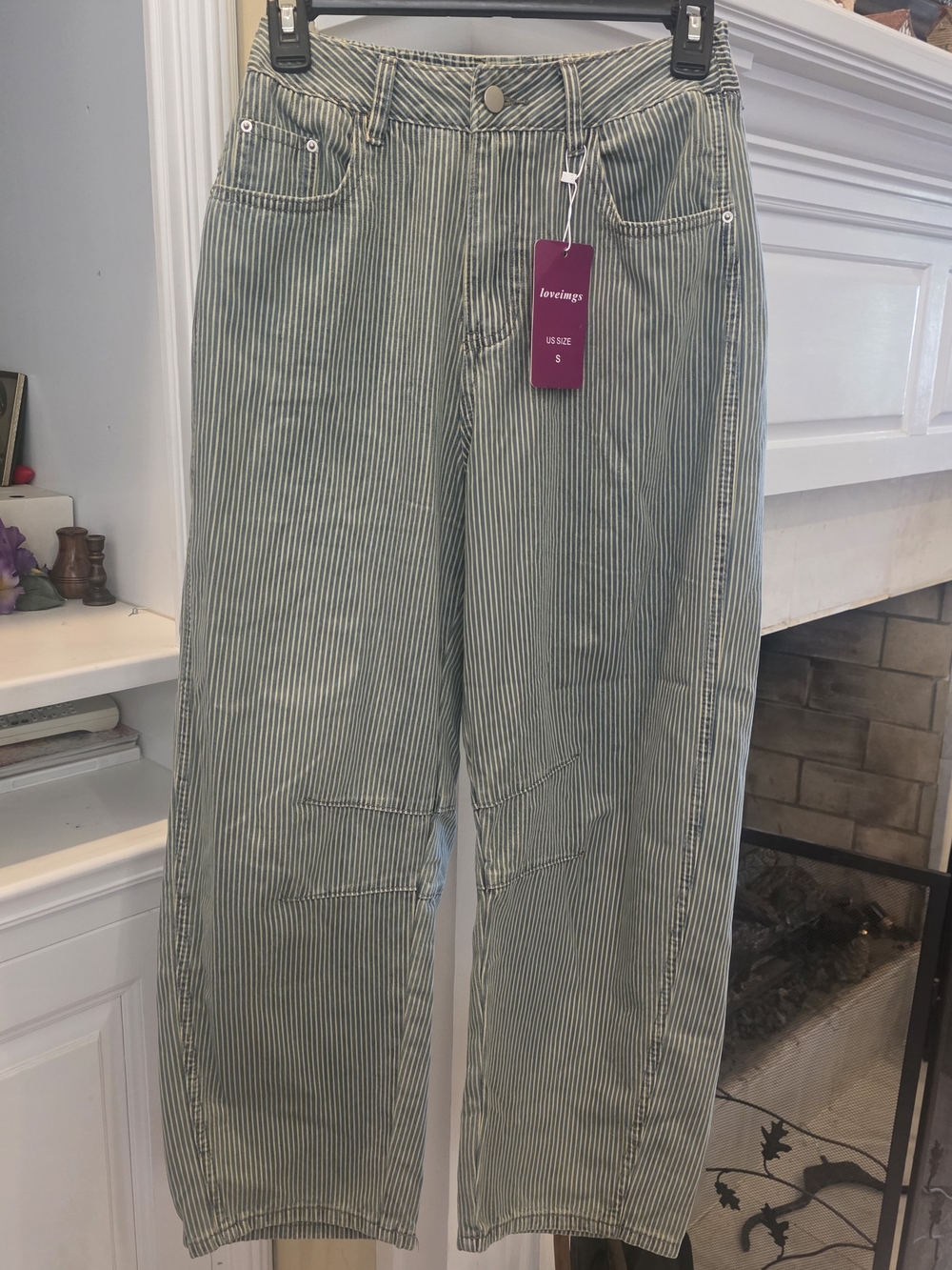 Women’s Blue Striped Barrel Leg Jeans - Picture 1 of 4